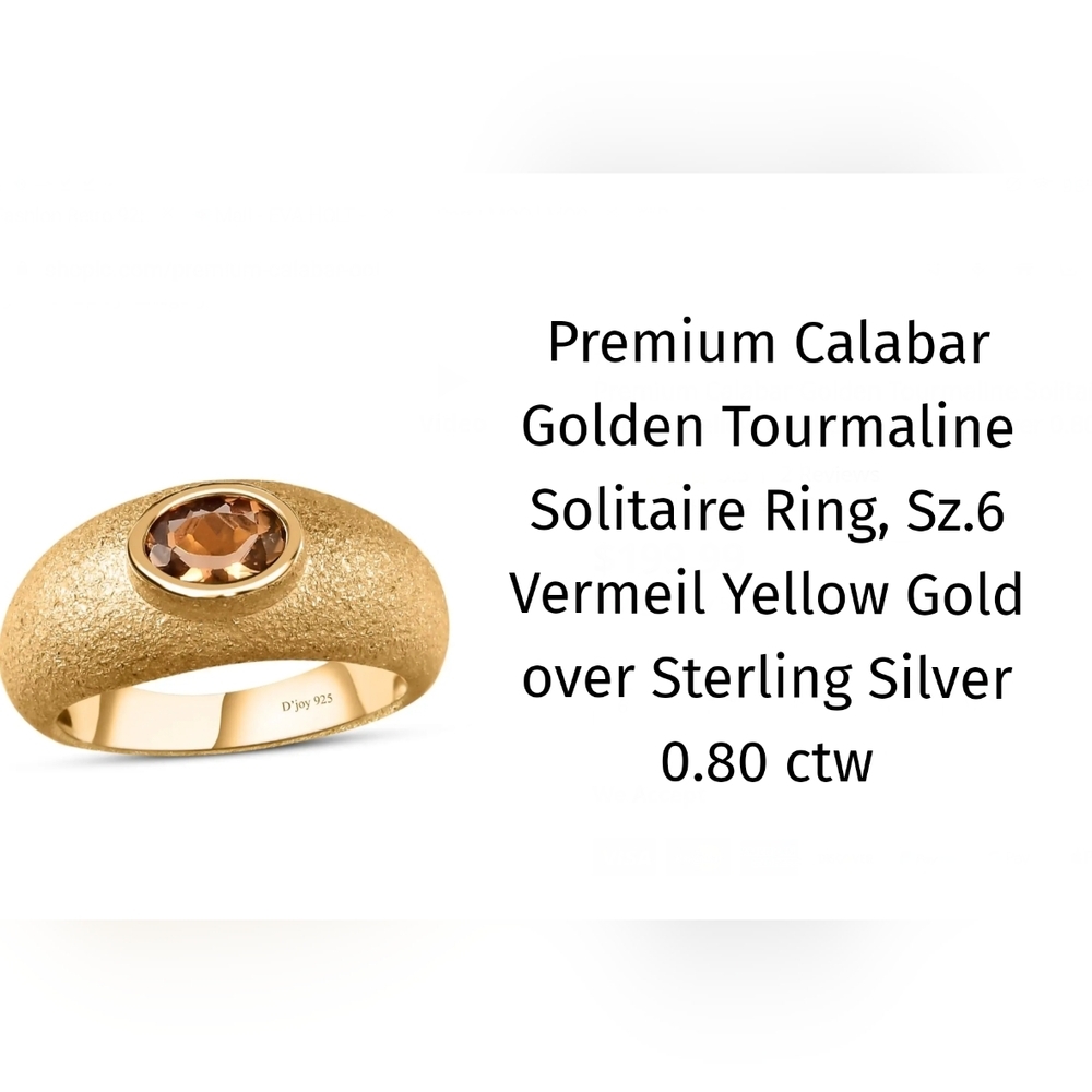 Stunning golden Tourmaline solitaire ring, Vermeil YG, Sz.6,FREE lighted ring bx
